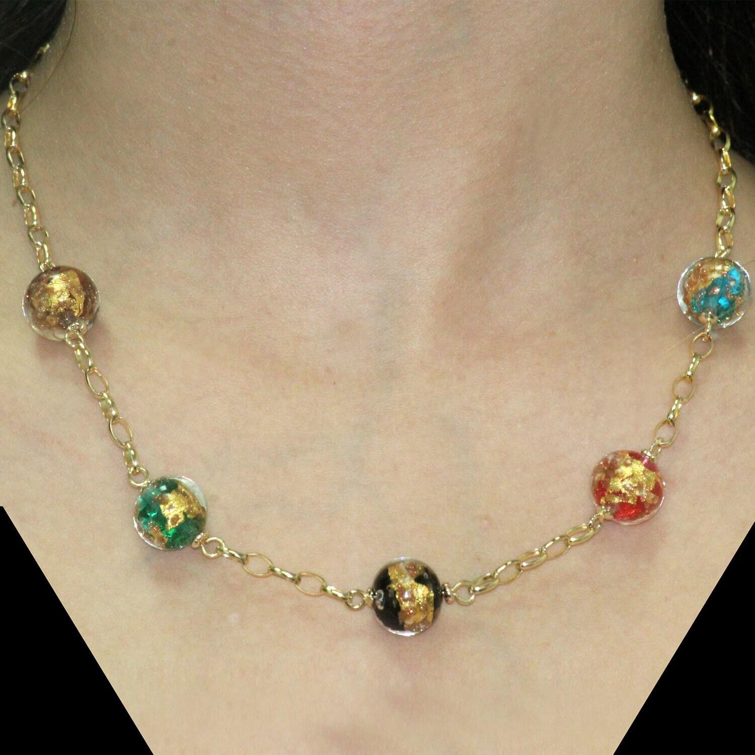 Acrylic Colored Beads With Gold Flecks Chain Necklace 14K Yellow Gold 17" Ladies