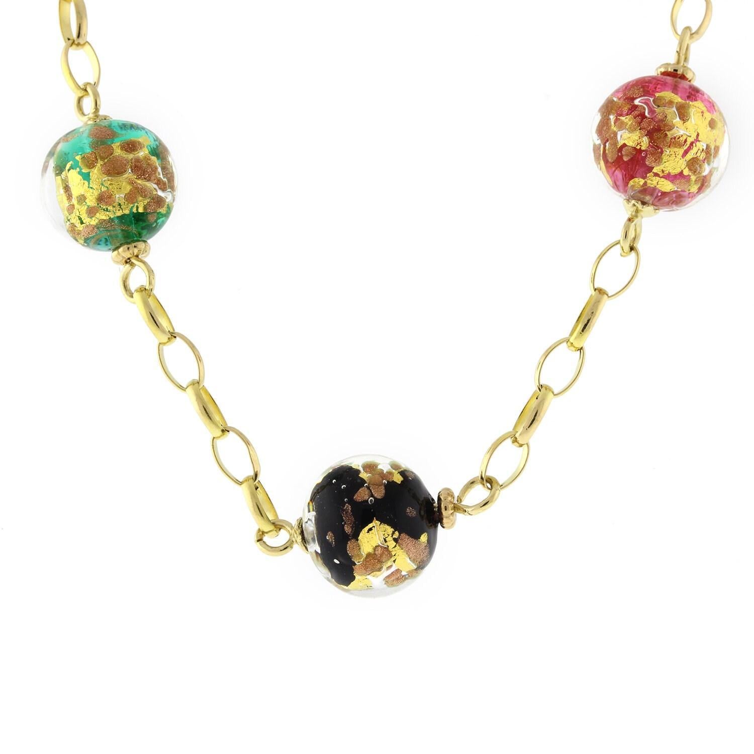 Acrylic Colored Beads With Gold Flecks Chain Necklace 14K Yellow Gold 17" Ladies