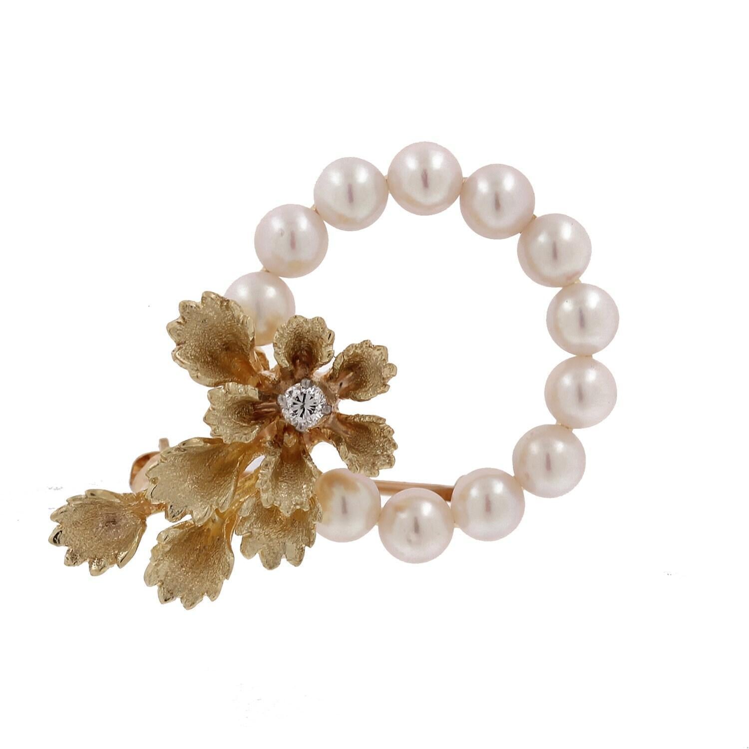 Estate Akoya Pearl Floral Diamond Accent Brooch Pin 14K Yellow Gold 1.25"