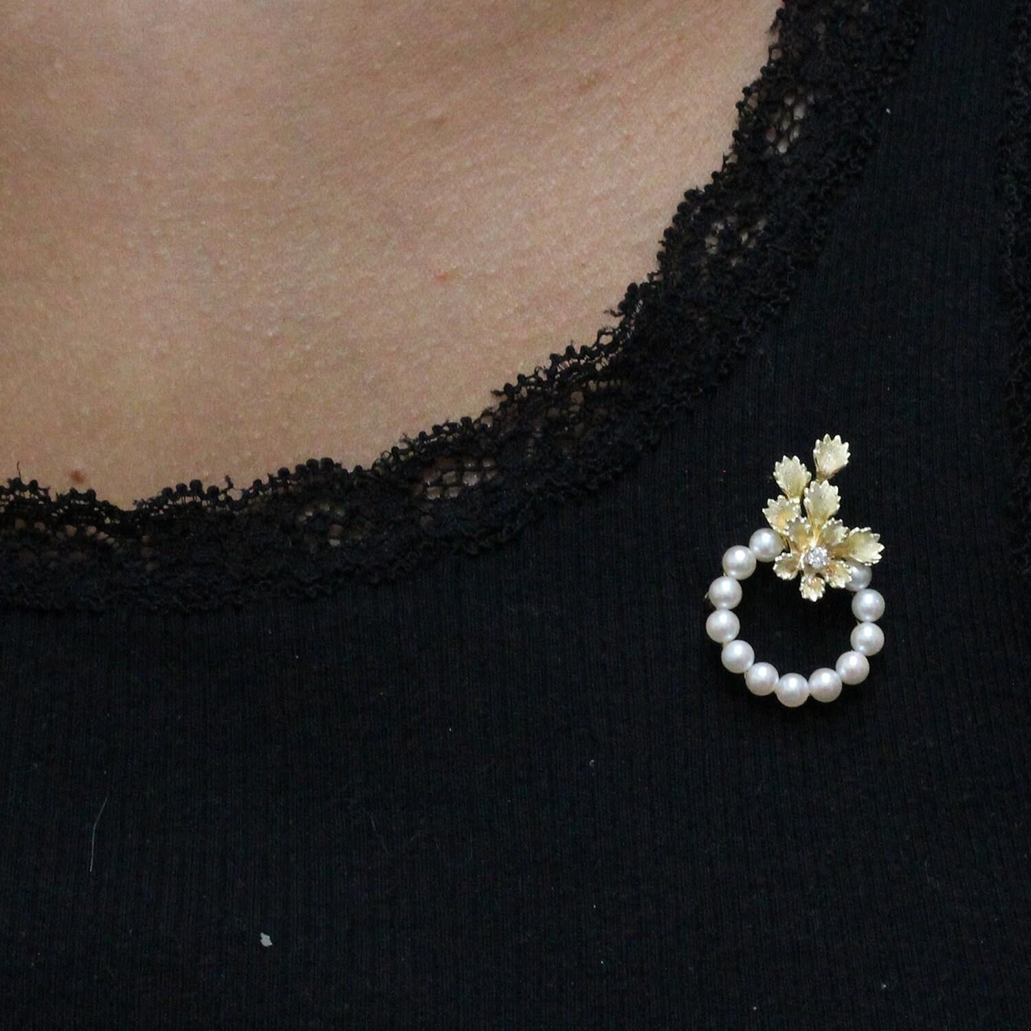 Estate Akoya Pearl Floral Diamond Accent Brooch Pin 14K Yellow Gold 1.25"