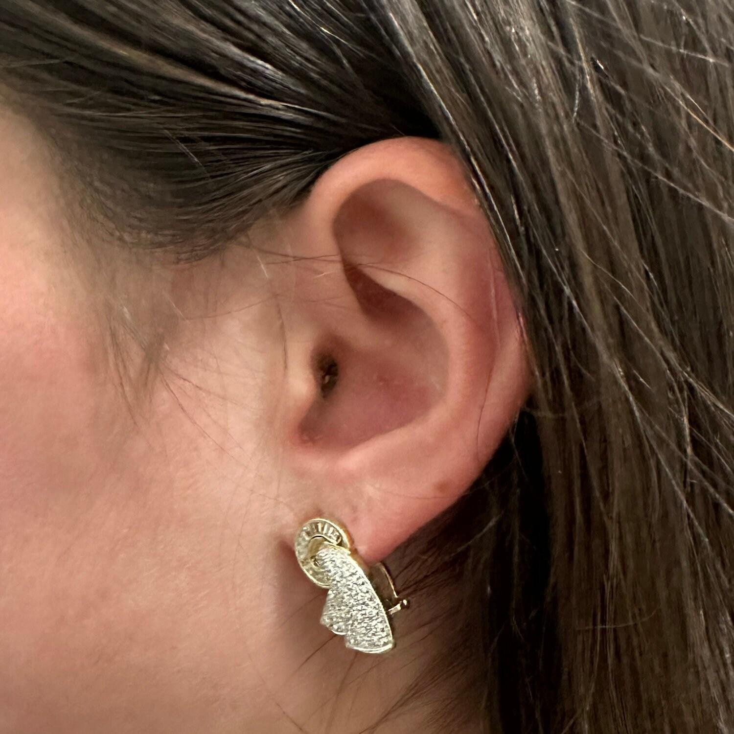 Cluster Diamond Ribbon Earrings 14K 2-Tone Gold 1.70 TW Omega Backs 0.70" Ladies