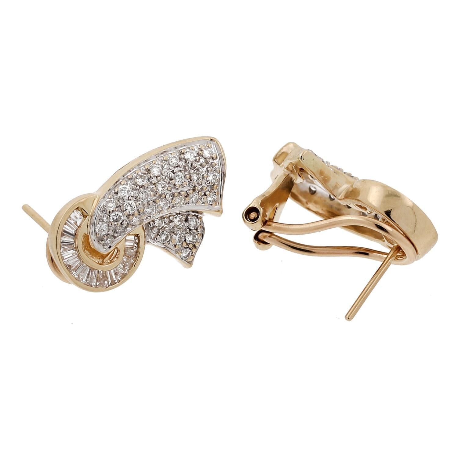 Cluster Diamond Ribbon Earrings 14K 2-Tone Gold 1.70 TW Omega Backs 0.70" Ladies