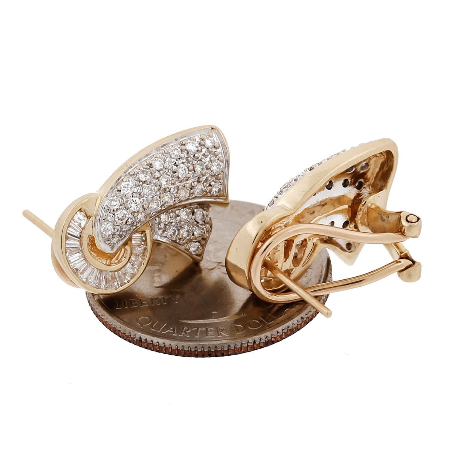 Cluster Diamond Ribbon Earrings 14K 2-Tone Gold 1.70 TW Omega Backs 0.70" Ladies