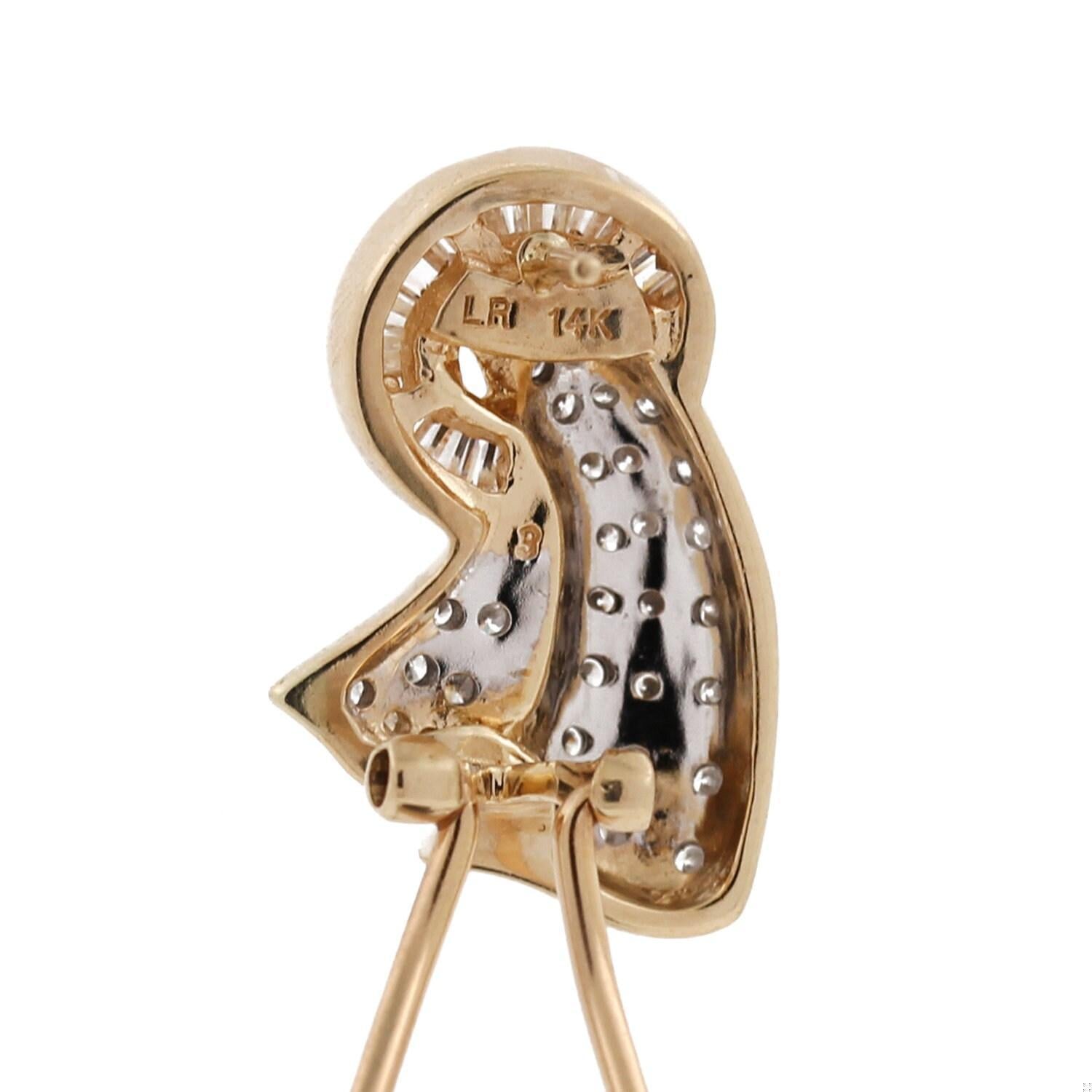 Cluster Diamond Ribbon Earrings 14K 2-Tone Gold 1.70 TW Omega Backs 0.70" Ladies