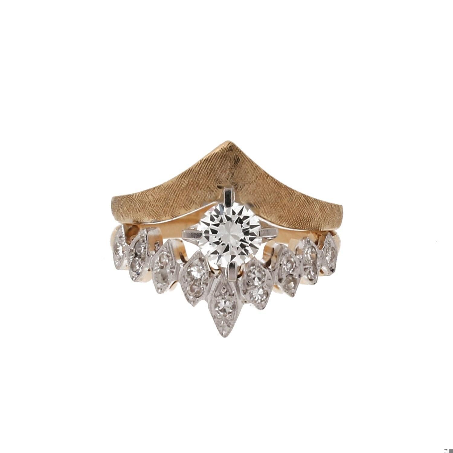 Estate Diamond Cocktail V Ring 14K Two-Tone Textured Gold 0.95 CTW Size 7