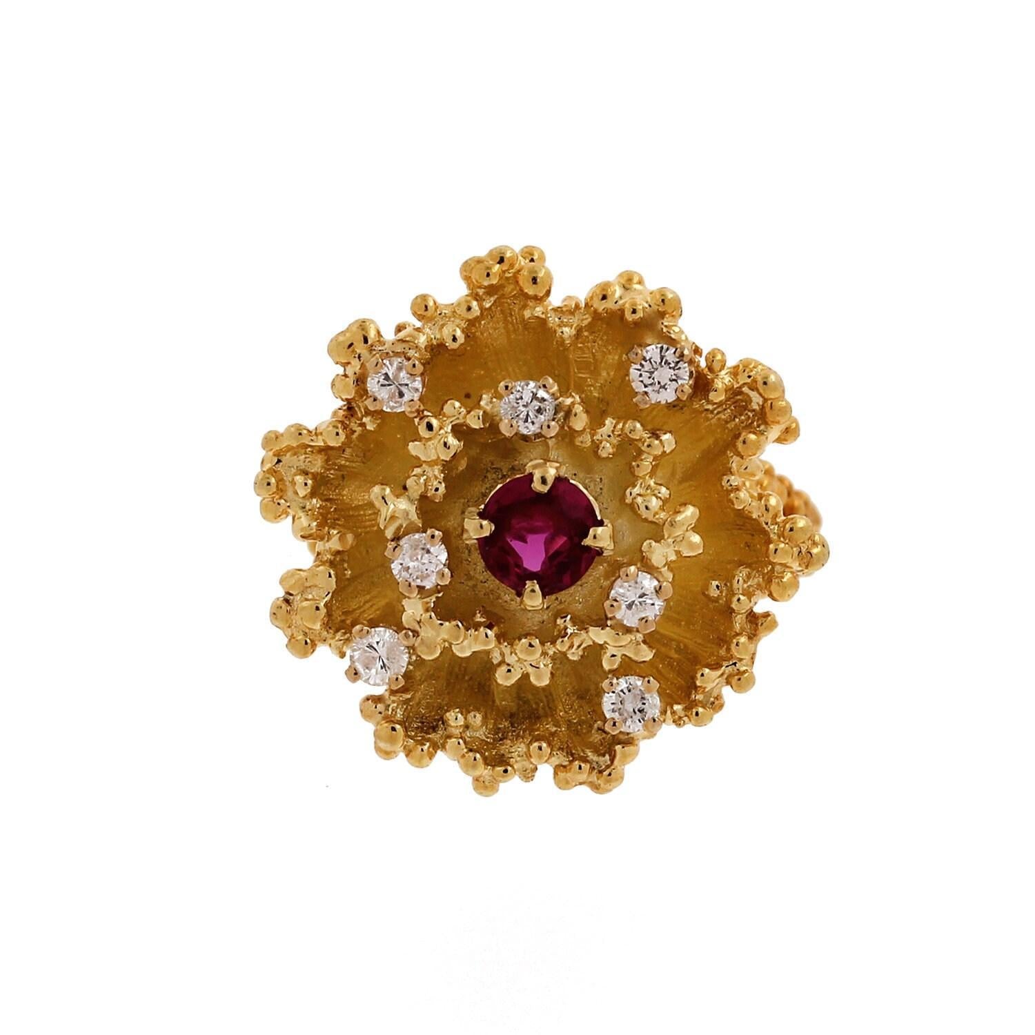 Estate Diamond Ruby Flower Statement Ring Yellow Gold 0.81 CTW Size 7