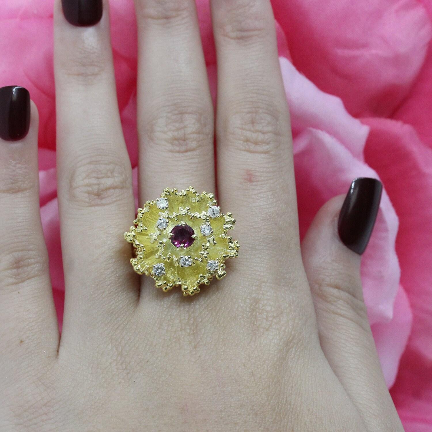 Estate Diamond Ruby Flower Statement Ring Yellow Gold 0.81 CTW Size 7