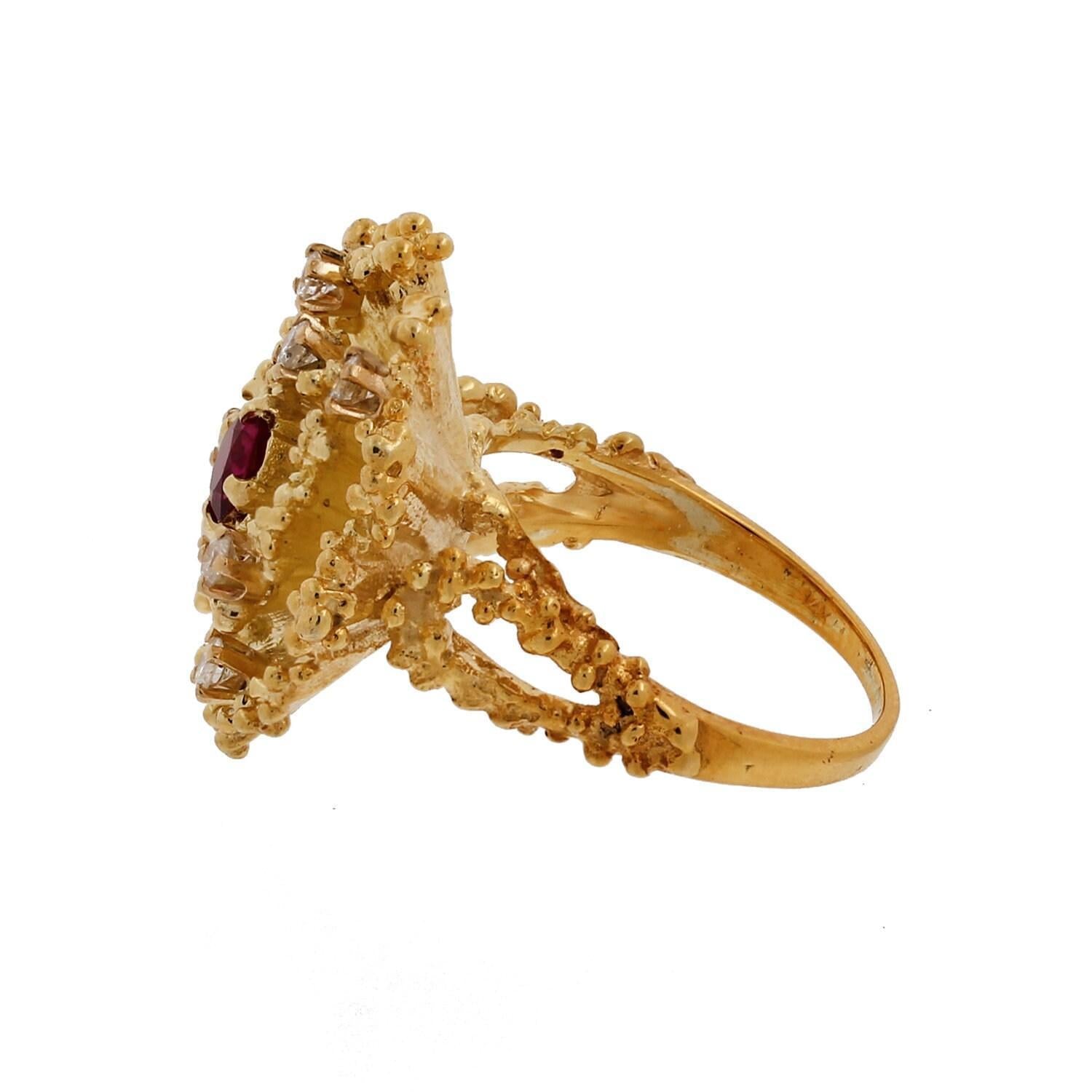 Estate Diamond Ruby Flower Statement Ring Yellow Gold 0.81 CTW Size 7