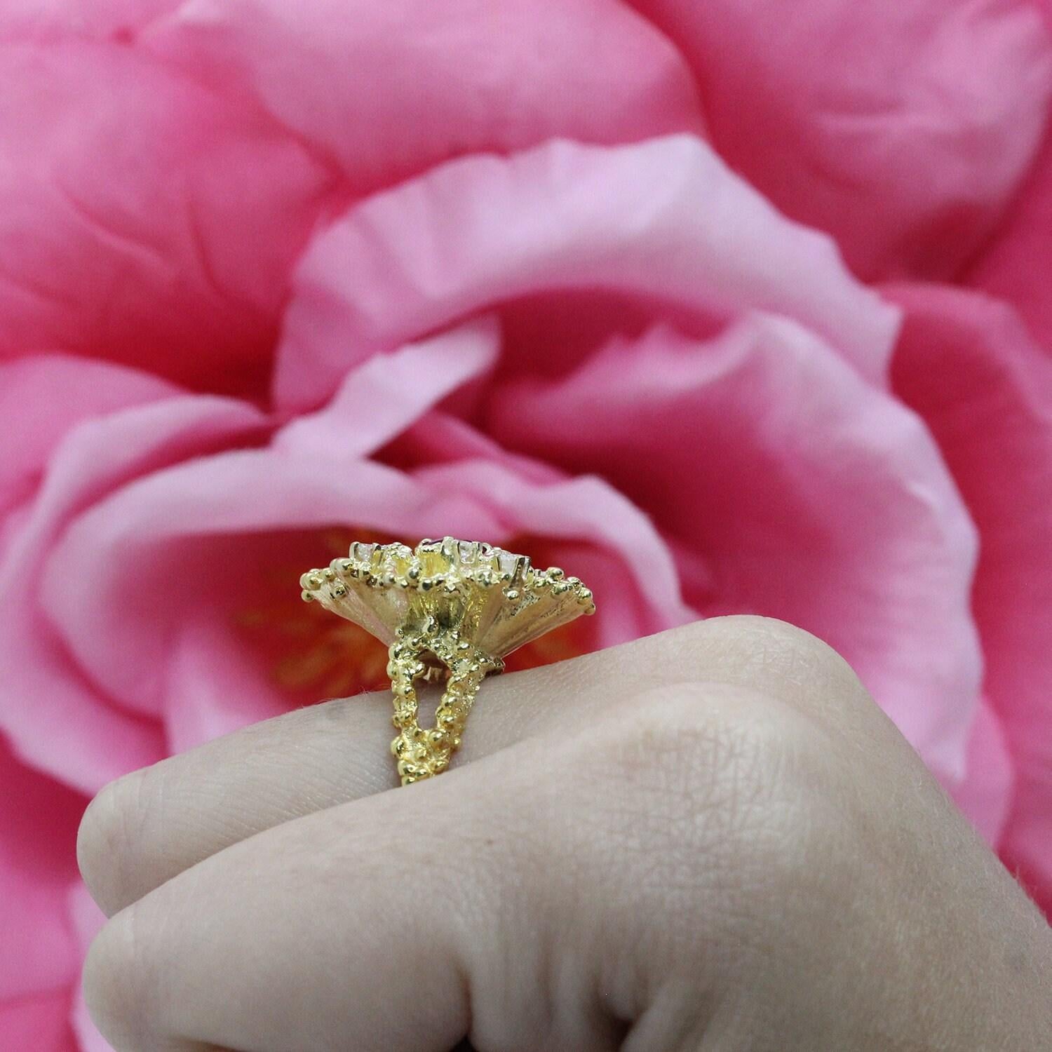 Estate Diamond Ruby Flower Statement Ring Yellow Gold 0.81 CTW Size 7