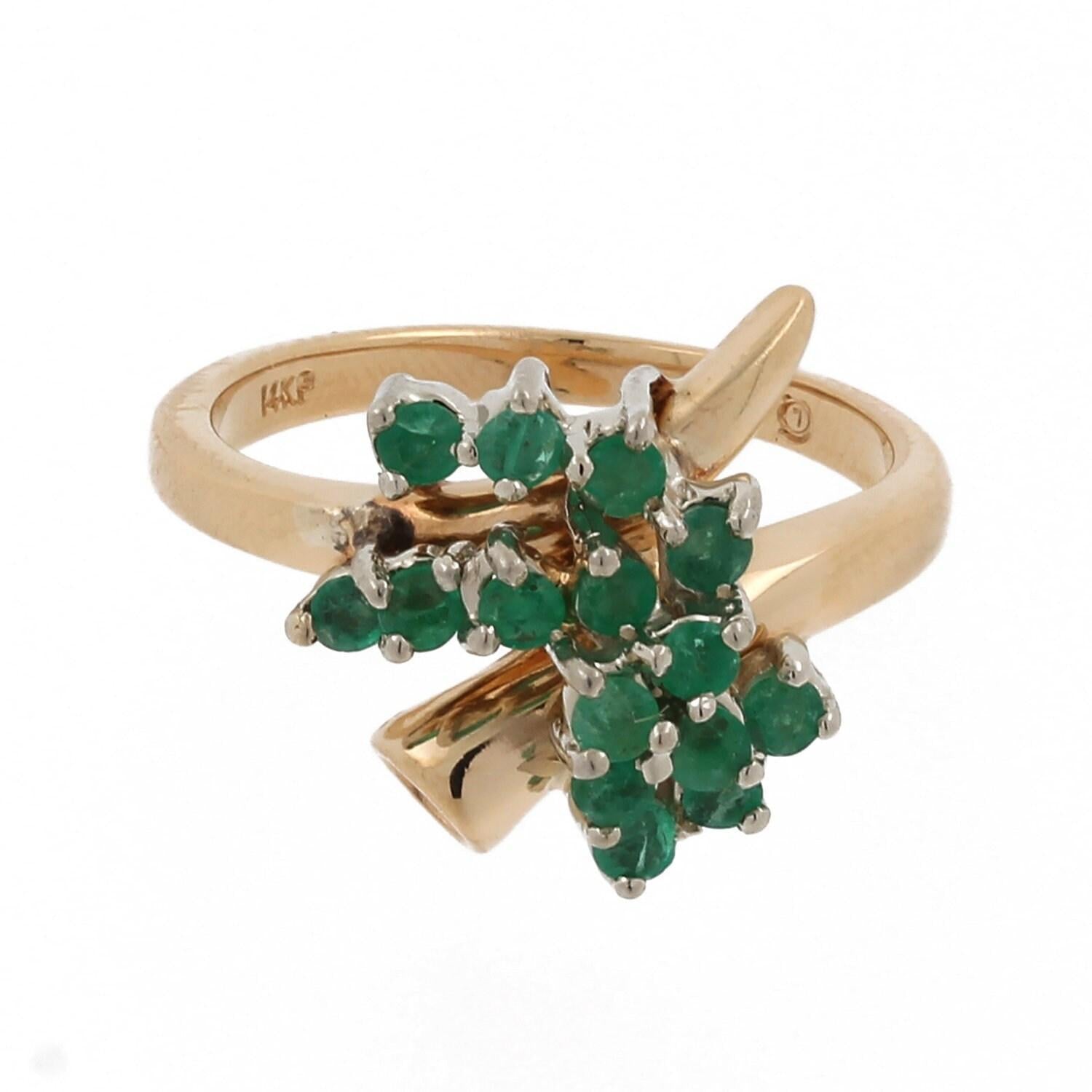 Floral Emerald Bypass Ring 14K Yellow Gold 0.60 CTW Size 6.25 Estate