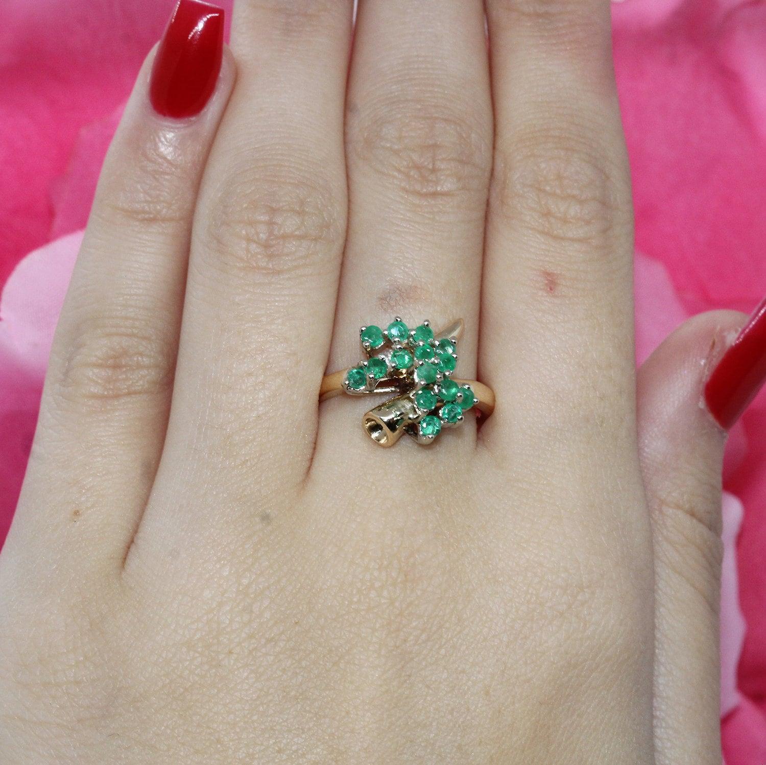 Floral Emerald Bypass Ring 14K Yellow Gold 0.60 CTW Size 6.25 Estate