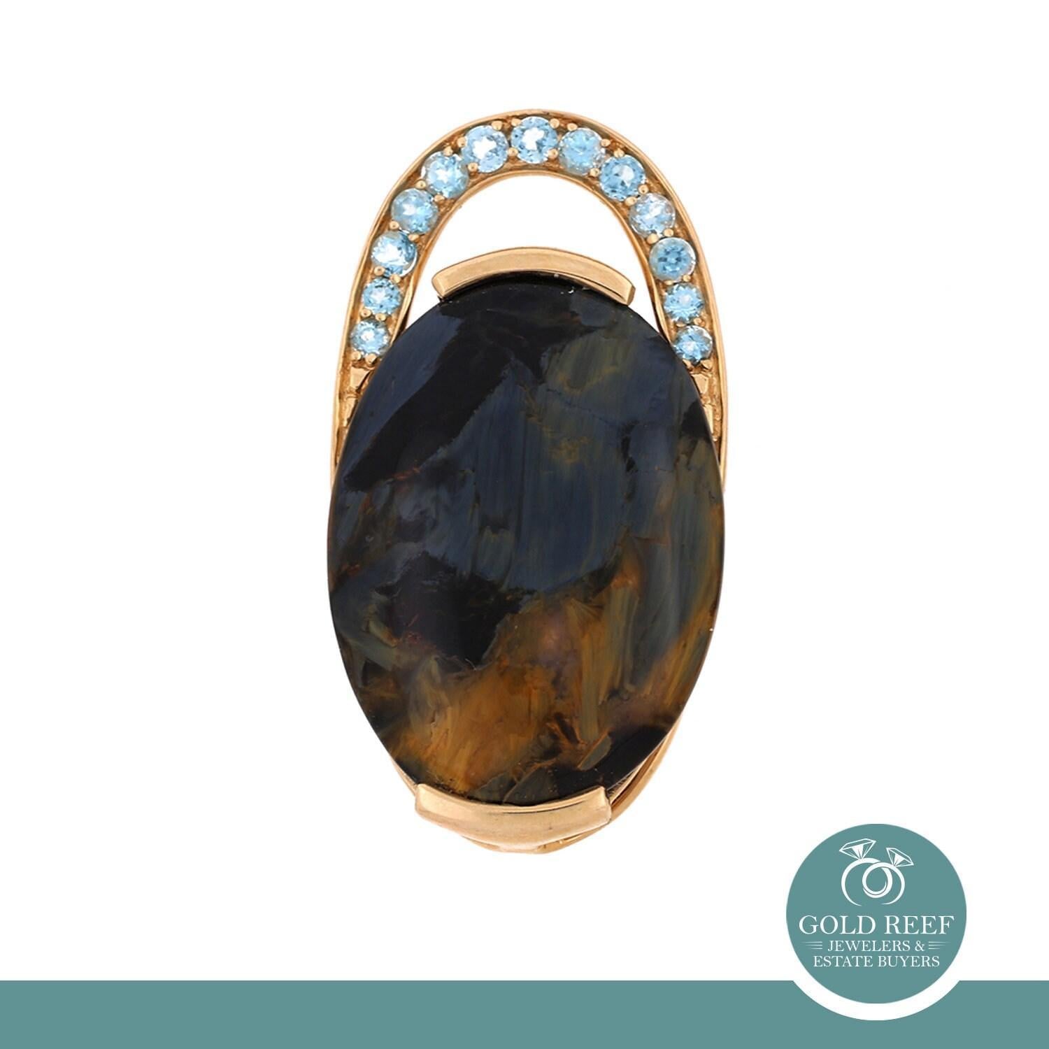 Pietersite Gem Blue Topaz Accent Oval Pendant 14K Yellow Gold 1.25" Estate