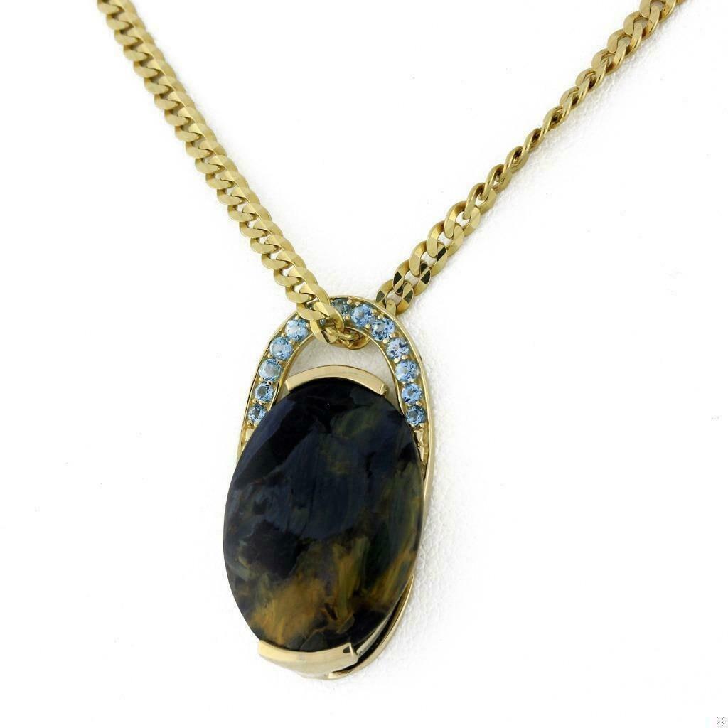 Pietersite Gem Blue Topaz Accent Oval Pendant 14K Yellow Gold 1.25" Estate