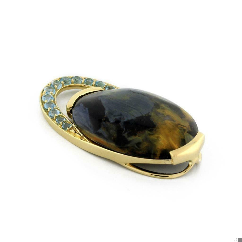 Pietersite Gem Blue Topaz Accent Oval Pendant 14K Yellow Gold 1.25" Estate