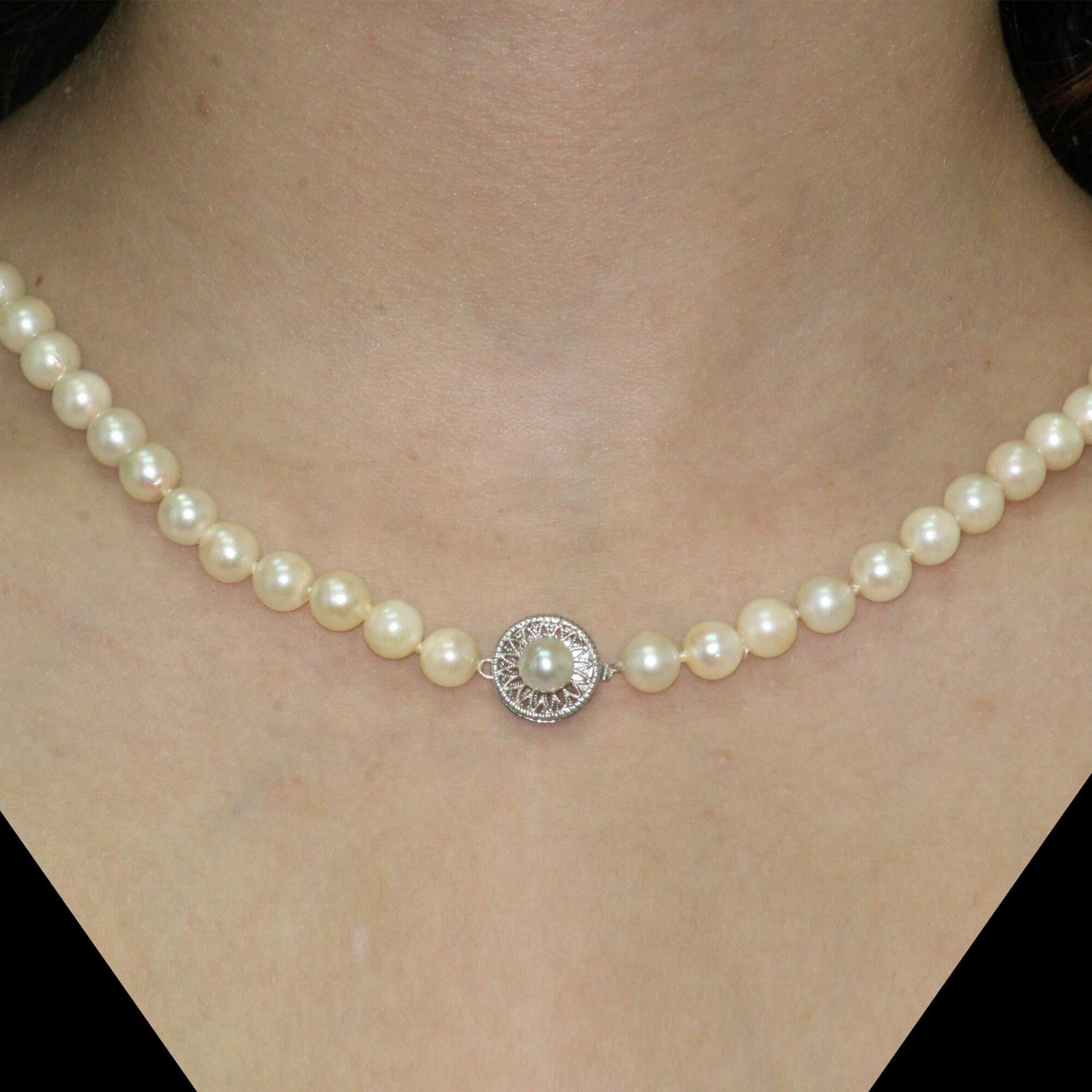 Vintage Freshwater Pearl Necklace White Gold Filigree Flower Clasp 30" Ladies