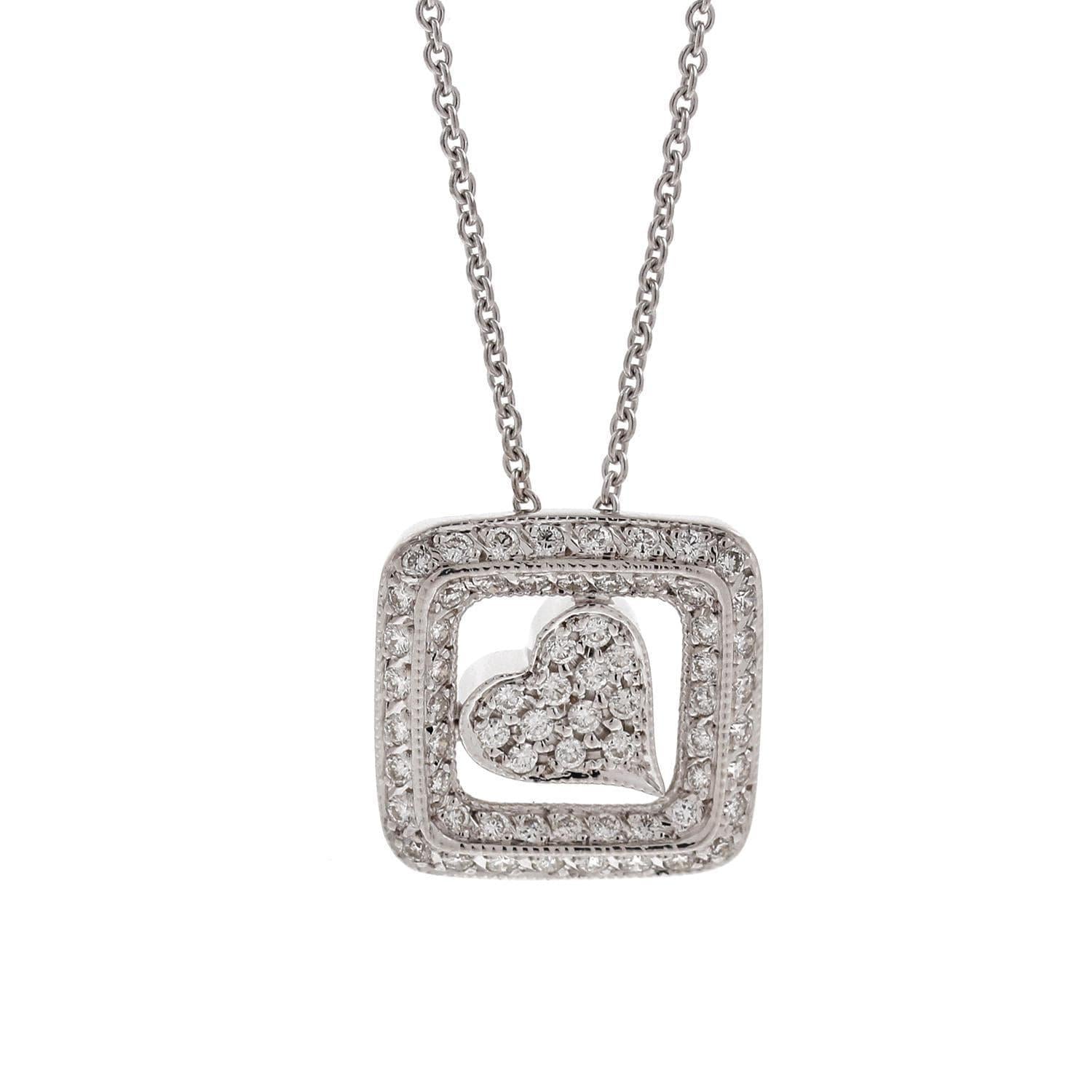 Heart Square Halo Diamond Pendant Chain Necklace 18K White Gold 1.60 TW Estate