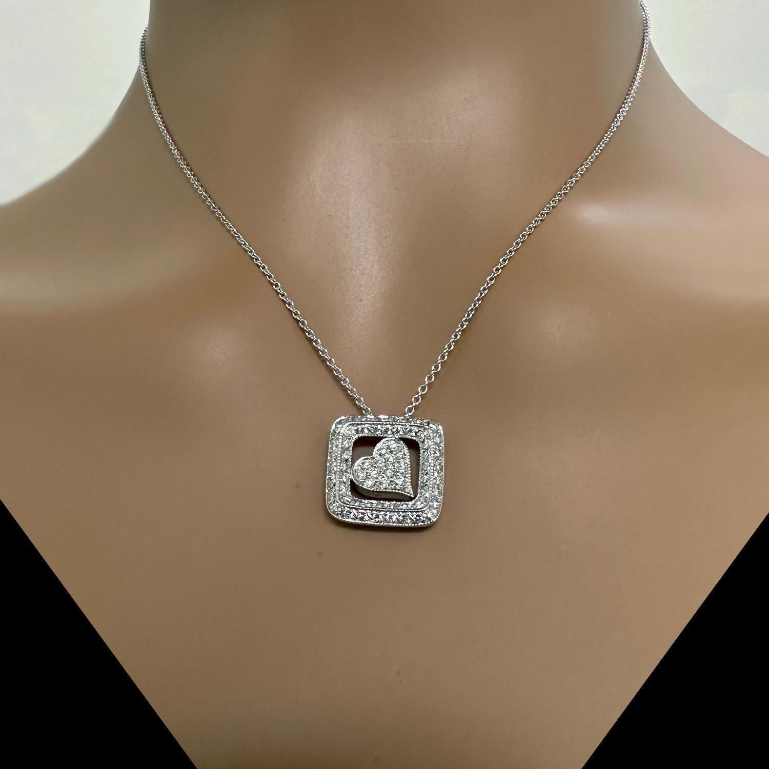 Heart Square Halo Diamond Pendant Chain Necklace 18K White Gold 1.60 TW Estate