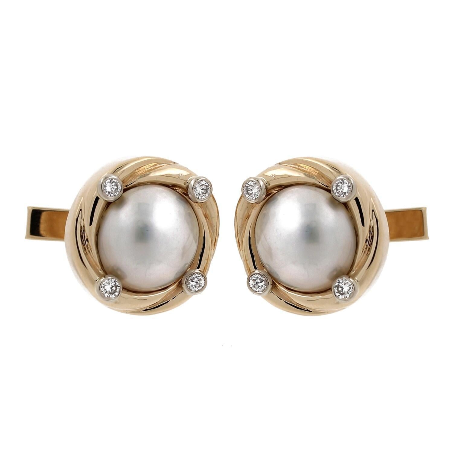 Estate Mabe Pearl Diamond Accent Cufflinks 14K Yellow Gold 0.24 CTW 21 mm
