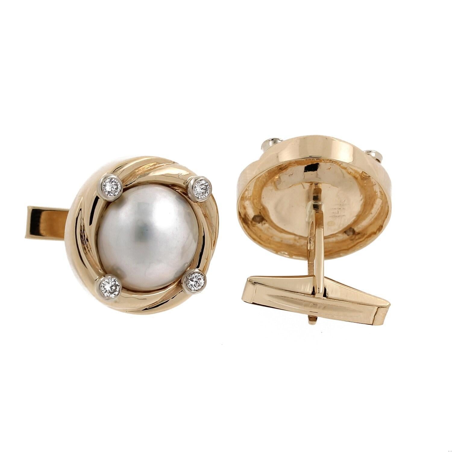 Estate Mabe Pearl Diamond Accent Cufflinks 14K Yellow Gold 0.24 CTW 21 mm