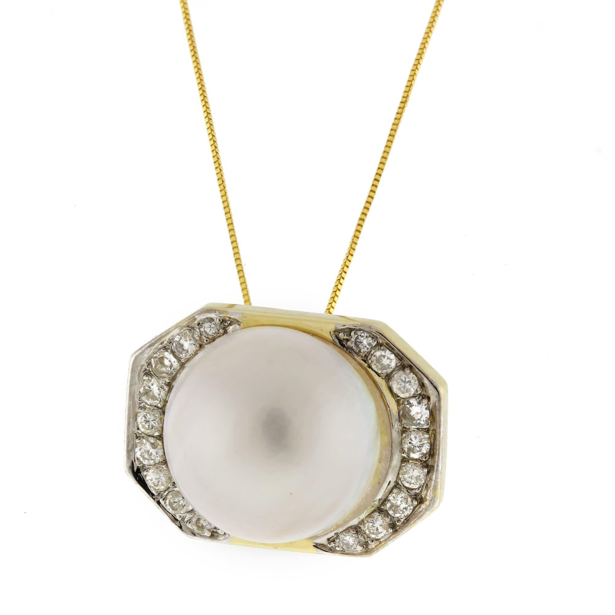 Cultured Mabe Pearl Diamond Slider Pendant 14K Yellow Gold 1" Ladies Estate