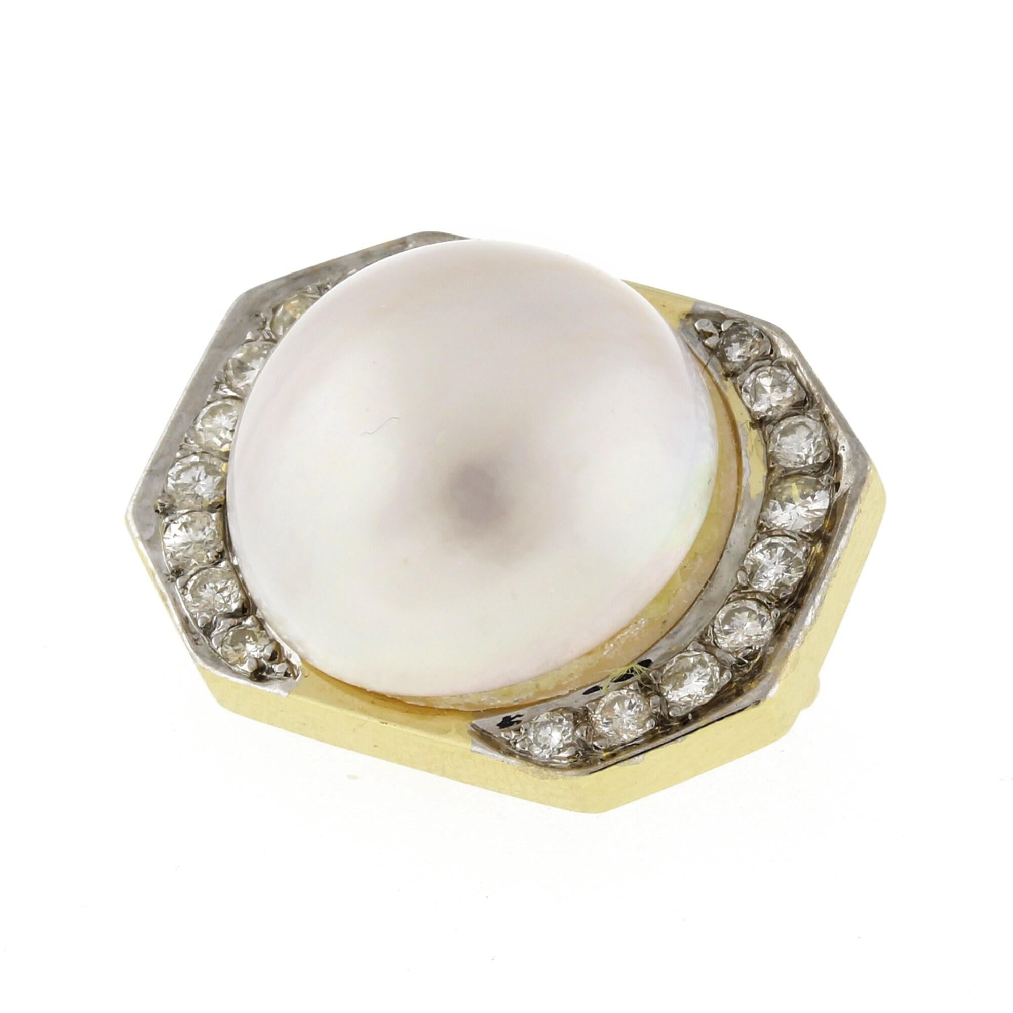 Cultured Mabe Pearl Diamond Slider Pendant 14K Yellow Gold 1" Ladies Estate
