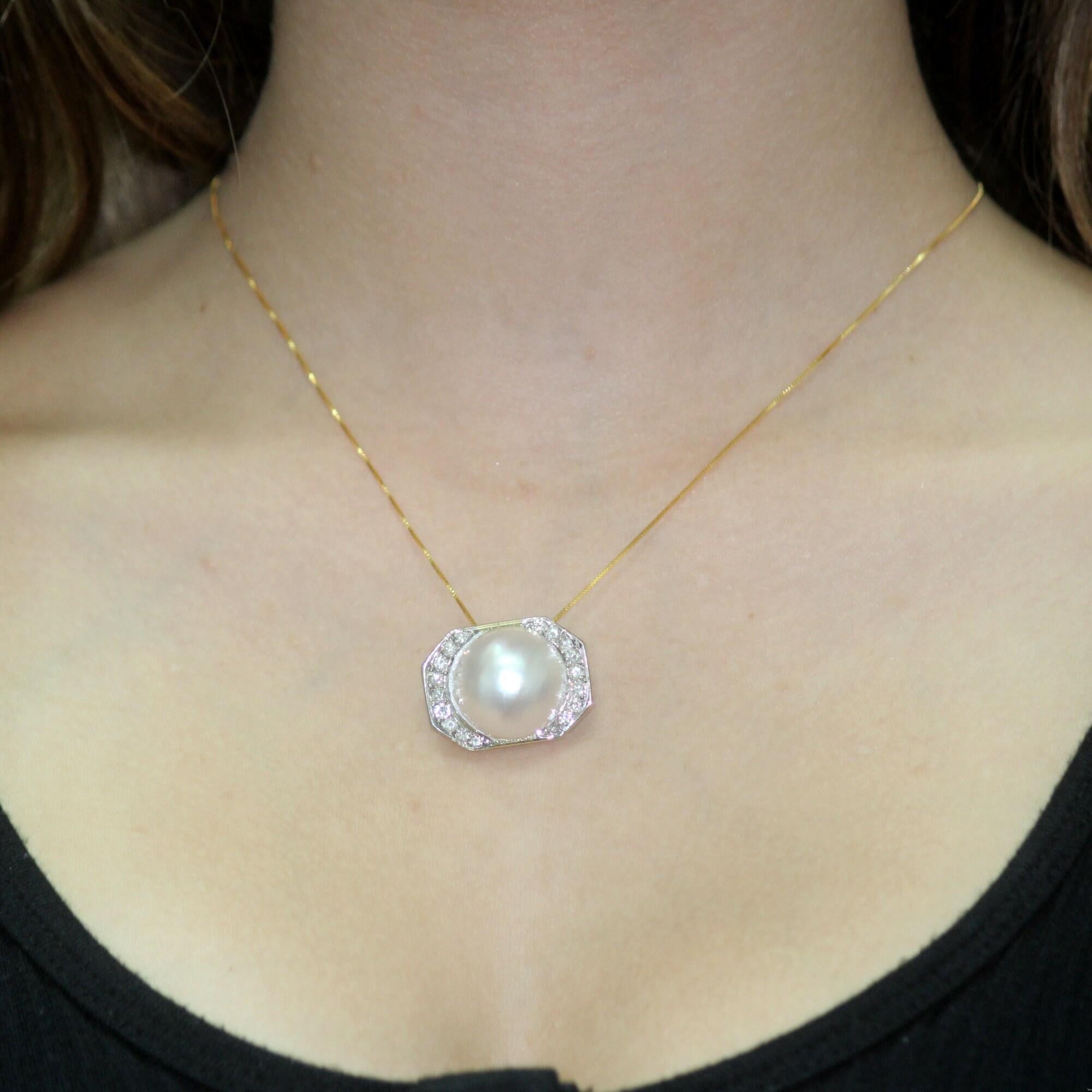 Cultured Mabe Pearl Diamond Slider Pendant 14K Yellow Gold 1" Ladies Estate