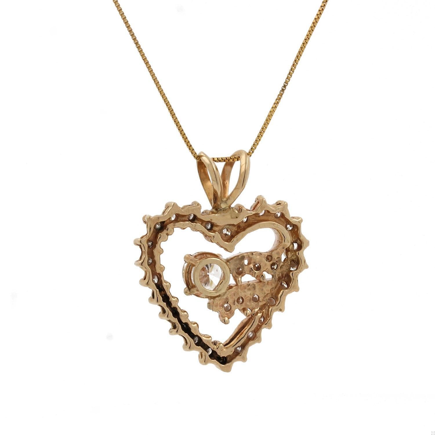 2.40 TW Open Heart Diamond Pendant 14K Yellow Gold 1" Vintage Estate