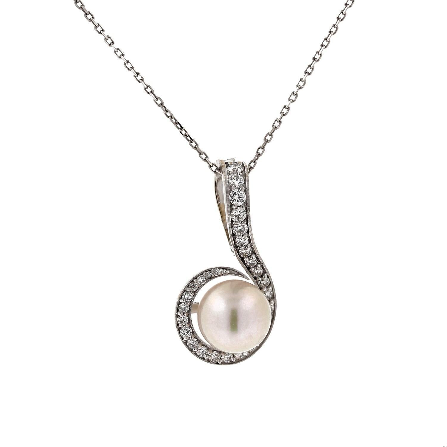 Estate Pearl Diamond Swirl Pendant 18K W/Gold 0.60 TW Diamonds 1" Snap Clasp