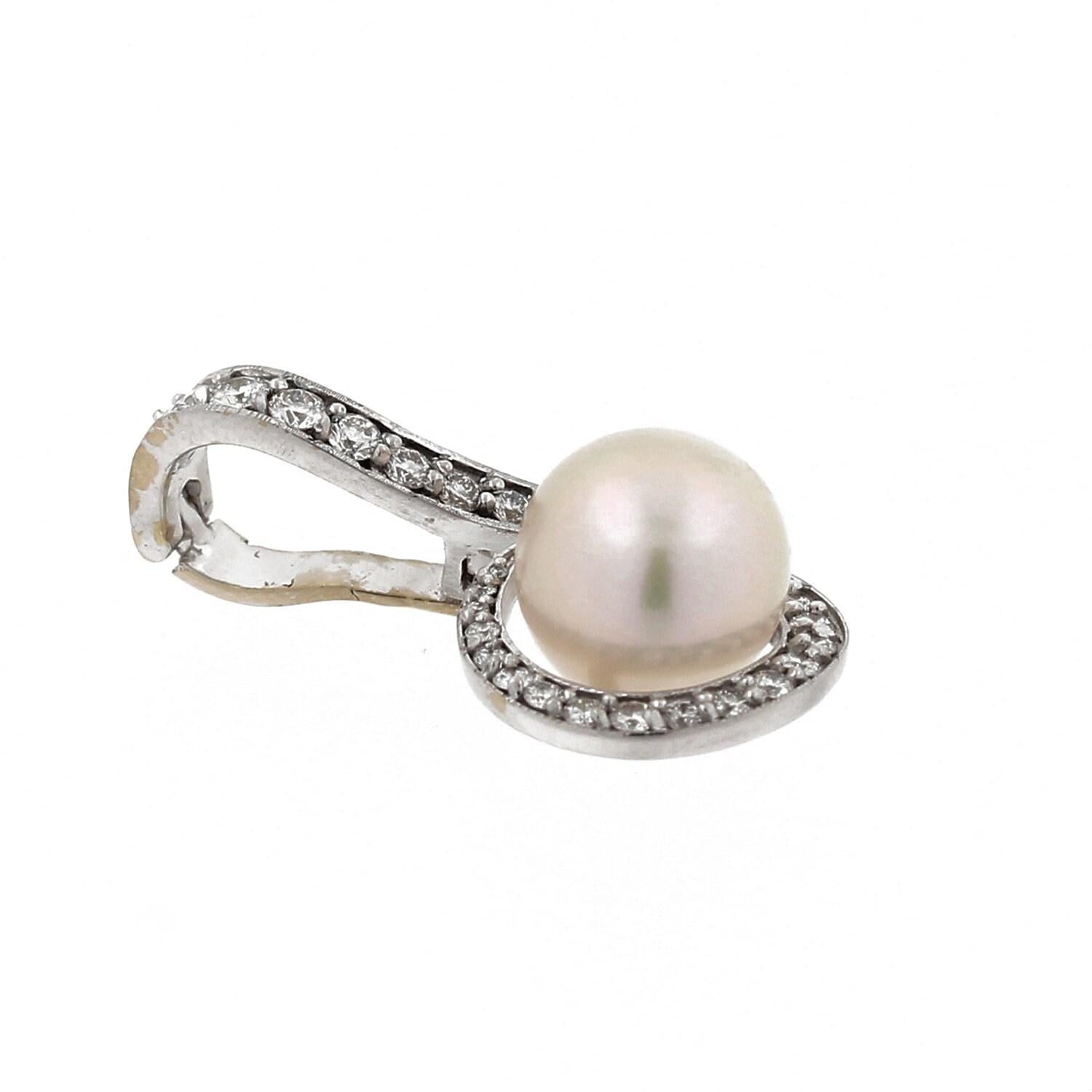 Estate Pearl Diamond Swirl Pendant 18K W/Gold 0.60 TW Diamonds 1" Snap Clasp