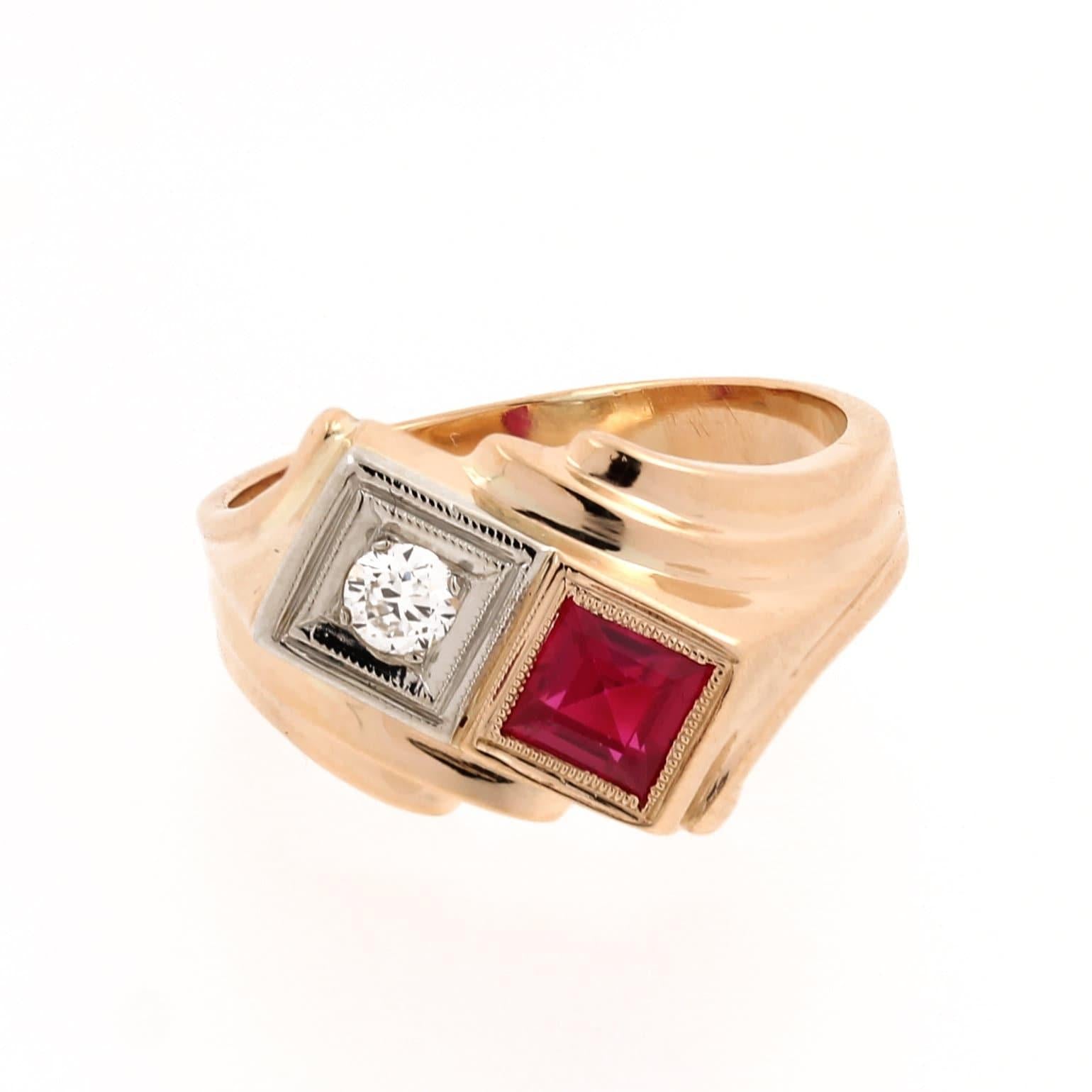 Ruby Diamond Square Cocktail Ring Yellow Gold 1.00 CTW Lab Grown Gem Size 10.75