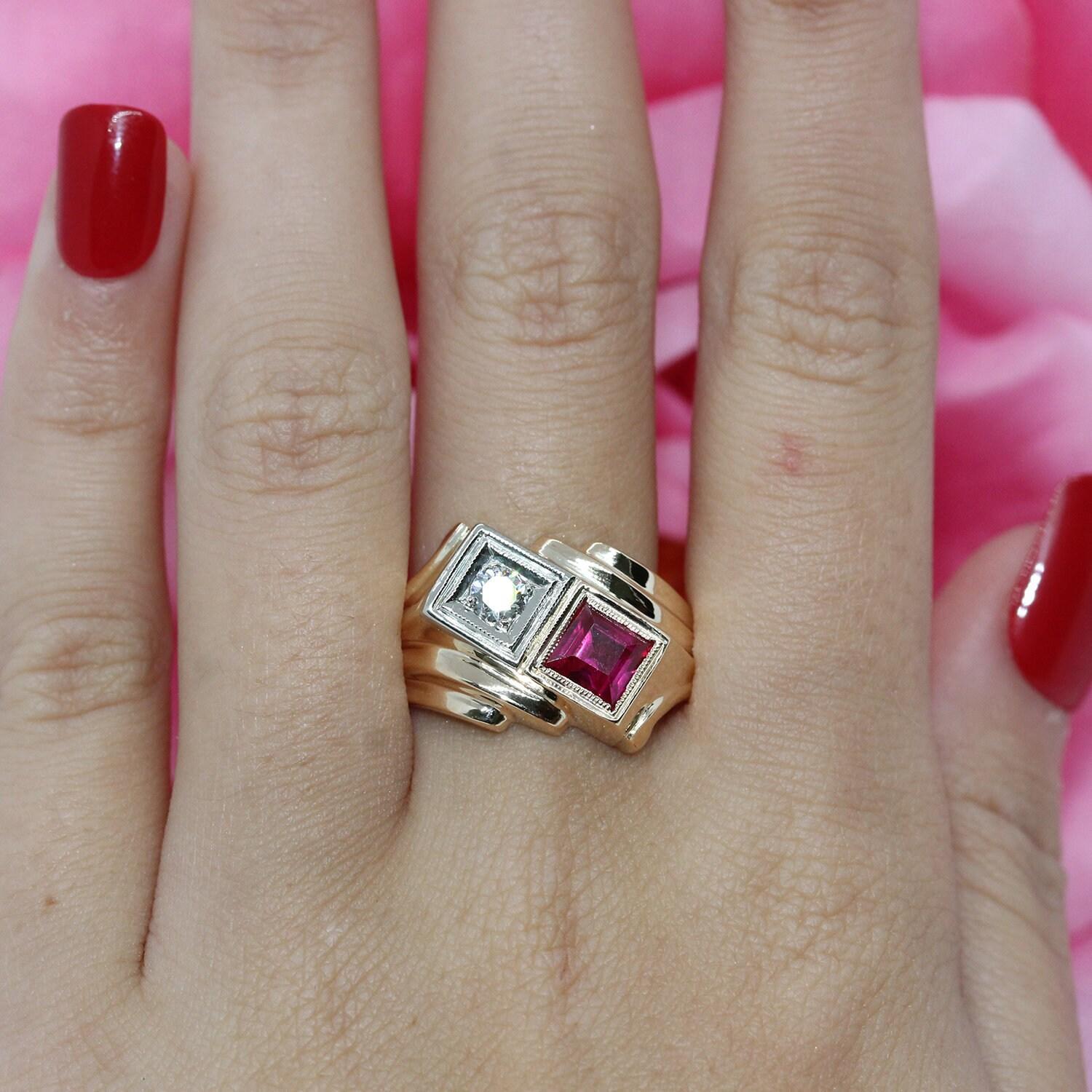 Ruby Diamond Square Cocktail Ring Yellow Gold 1.00 CTW Lab Grown Gem Size 10.75