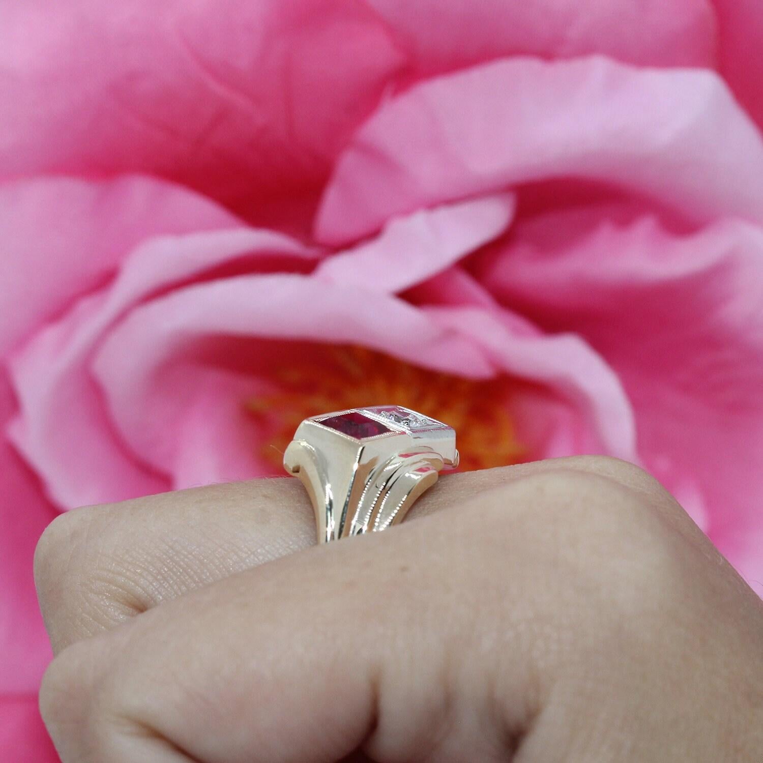 Ruby Diamond Square Cocktail Ring Yellow Gold 1.00 CTW Lab Grown Gem Size 10.75