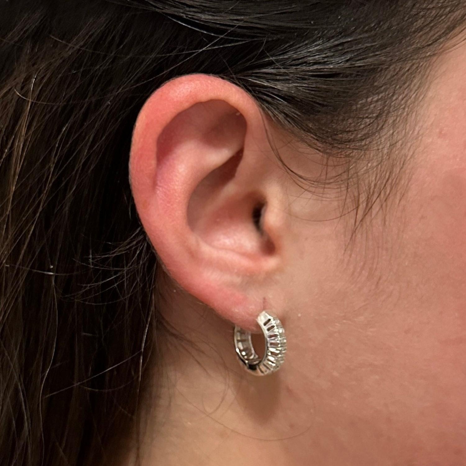 Estate Round Huggie Hoop Diamond Earrings 18K White Gold Filigree 0.15 CTW 0.60"