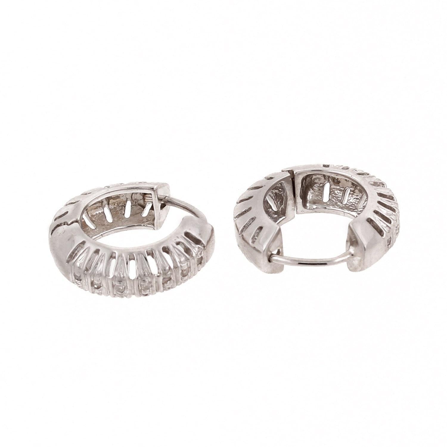 Estate Round Huggie Hoop Diamond Earrings 18K White Gold Filigree 0.15 CTW 0.60"