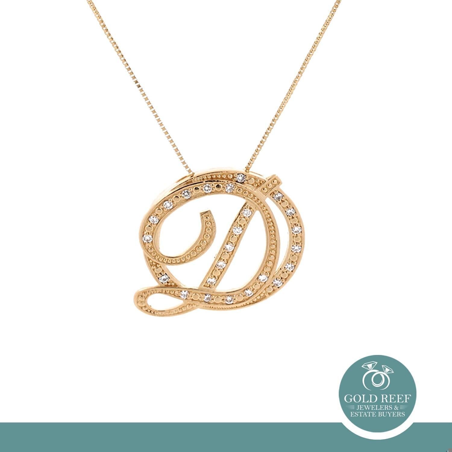Fancy Letter D Diamond Circle Pendant Box Chain Necklace 14K Yellow Gold 0.30 TW