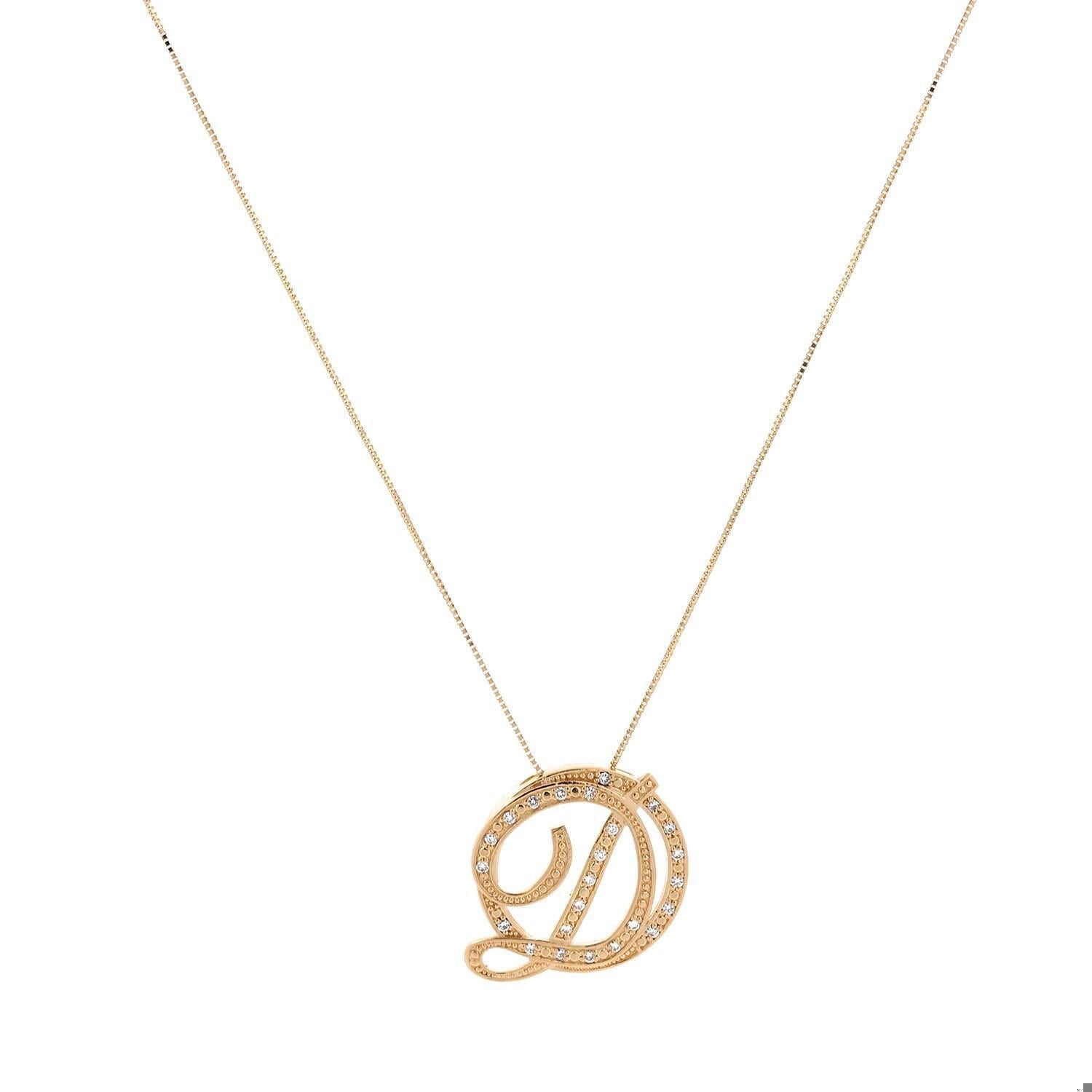 Fancy Letter D Diamond Circle Pendant Box Chain Necklace 14K Yellow Gold 0.30 TW