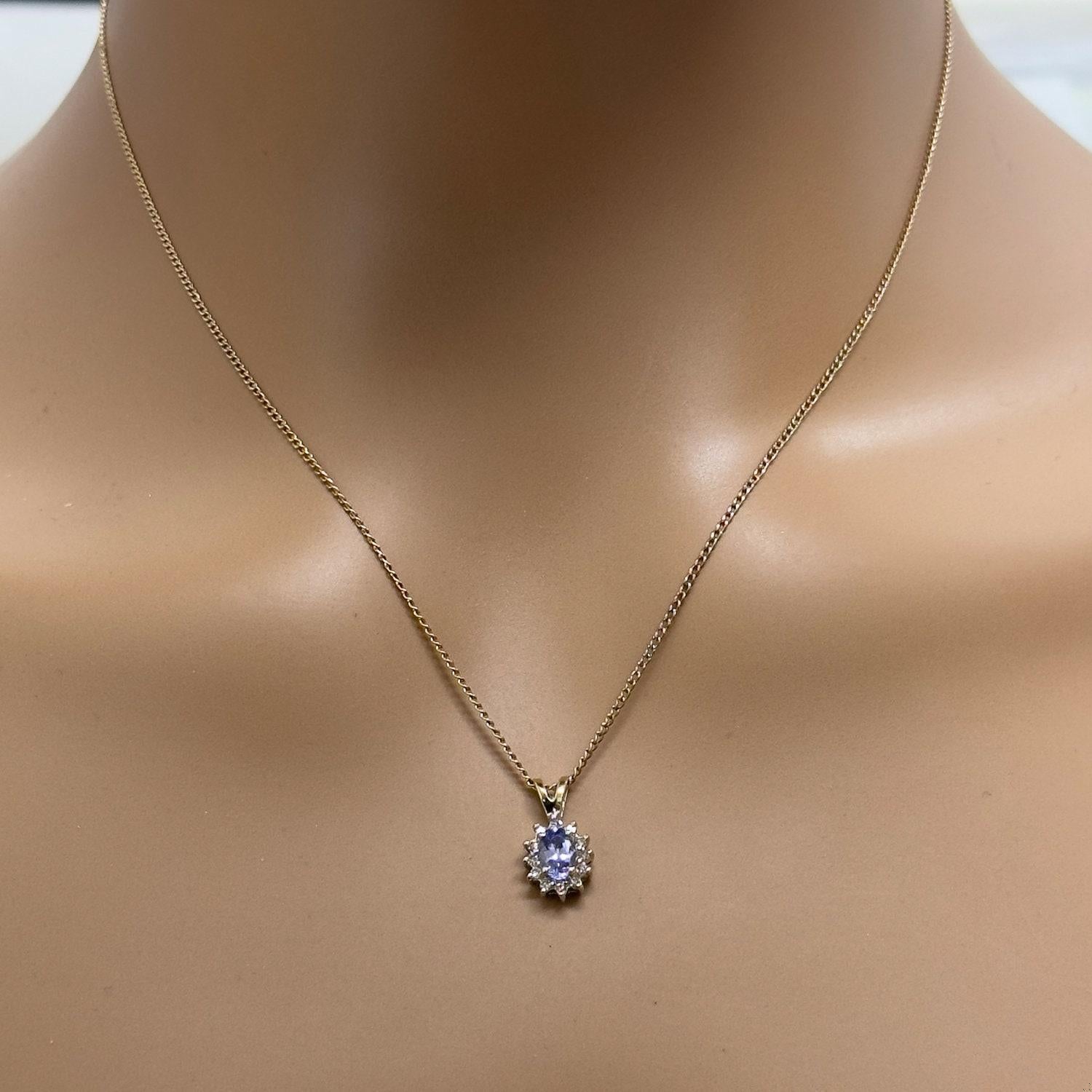 Tanzanite Halo Diamond Floral Pendant Charm 10K Gold 0.62 CTW 0.60" Ladies