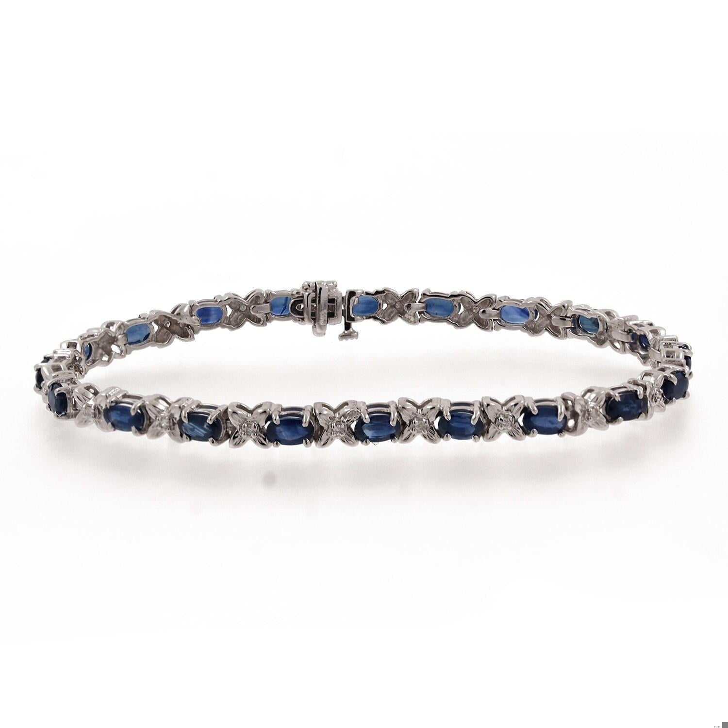 Sapphire Diamond Floral Station Bracelet White Gold 7.35 CTW 7.25" Ladies