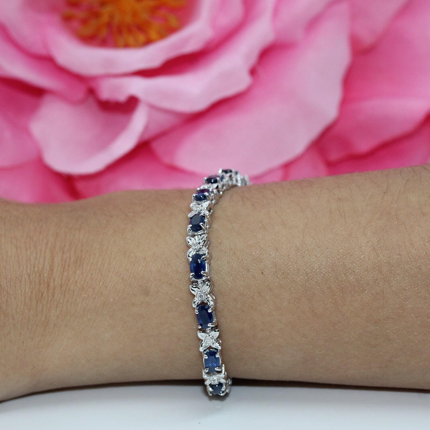 Sapphire Diamond Floral Station Bracelet White Gold 7.35 CTW 7.25" Ladies