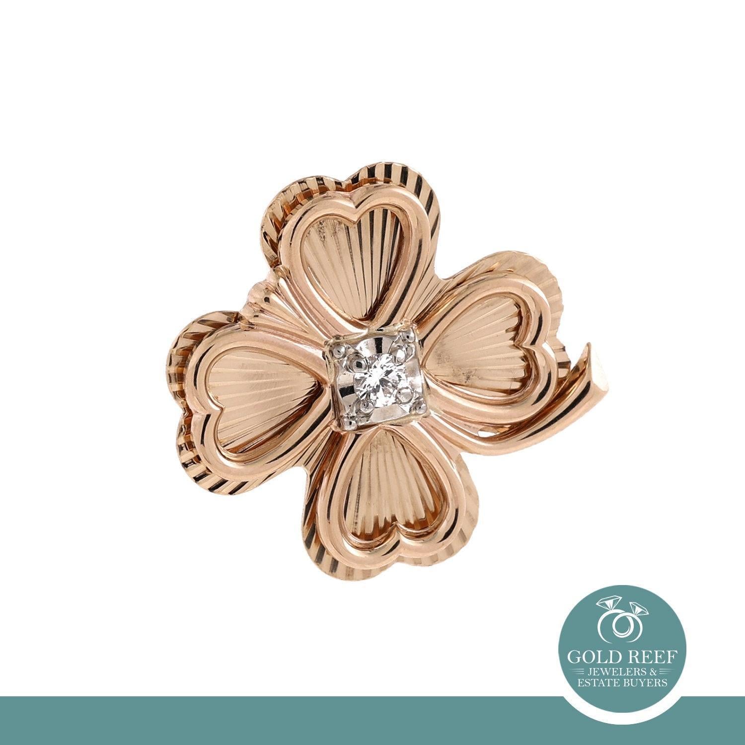 Four Leaf Clover Diamond Heart Pin Brooch 14K Two-Tone Gold 0.15 CTW 1" Estate