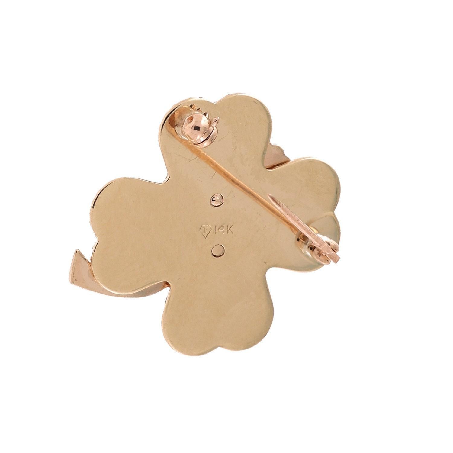 Four Leaf Clover Diamond Heart Pin Brooch 14K Two-Tone Gold 0.15 CTW 1" Estate