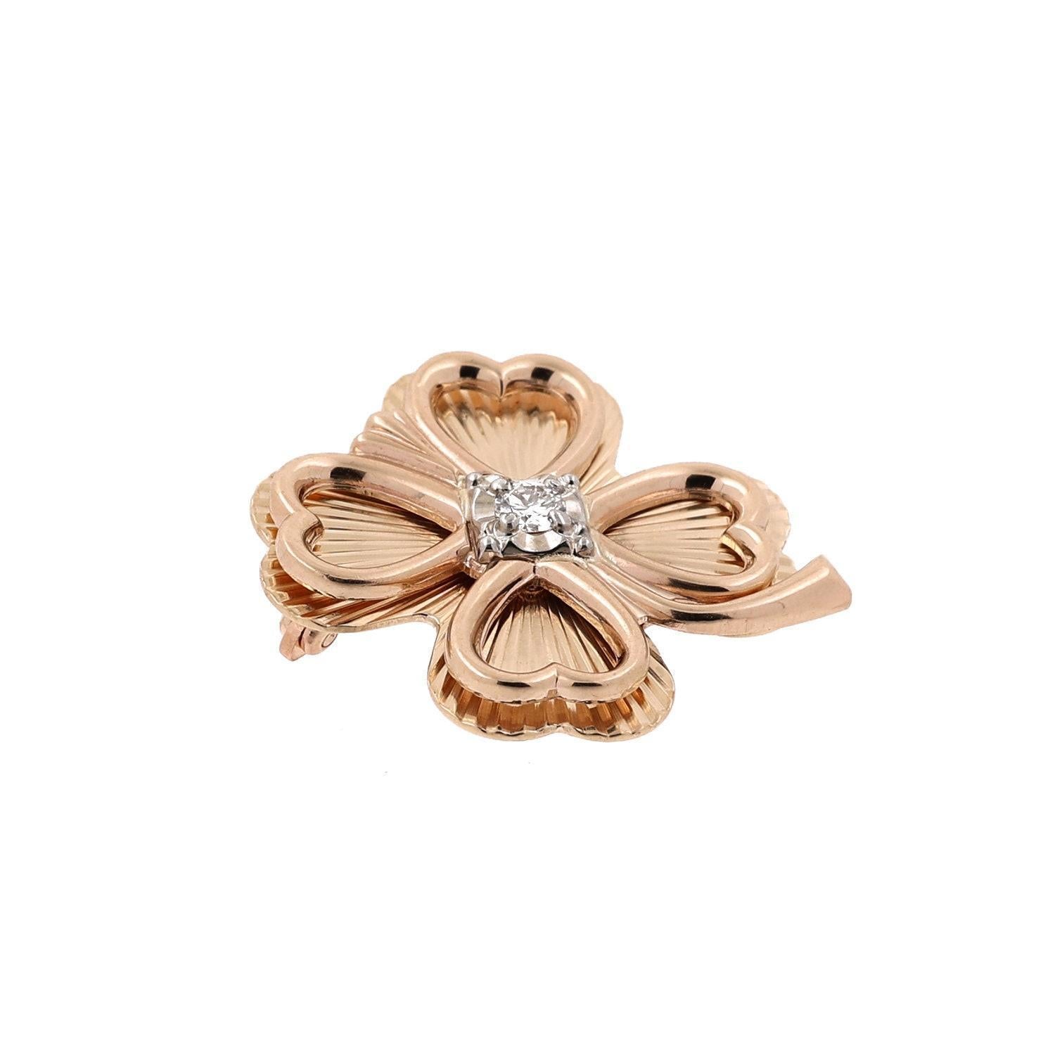 Four Leaf Clover Diamond Heart Pin Brooch 14K Two-Tone Gold 0.15 CTW 1" Estate