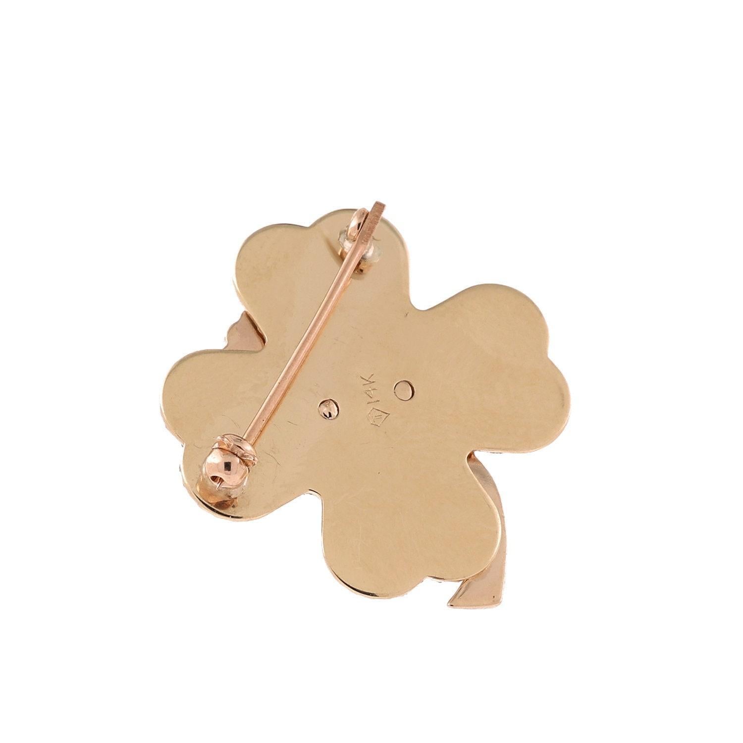 Four Leaf Clover Diamond Heart Pin Brooch 14K Two-Tone Gold 0.15 CTW 1" Estate