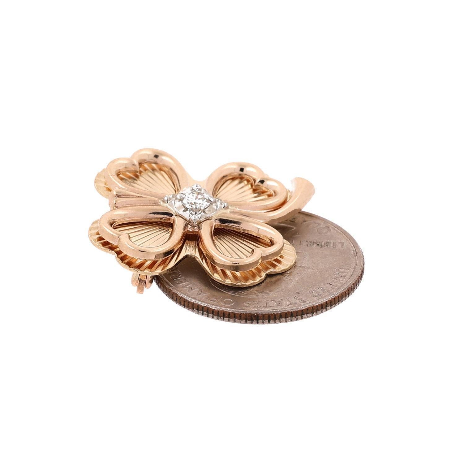 Four Leaf Clover Diamond Heart Pin Brooch 14K Two-Tone Gold 0.15 CTW 1" Estate