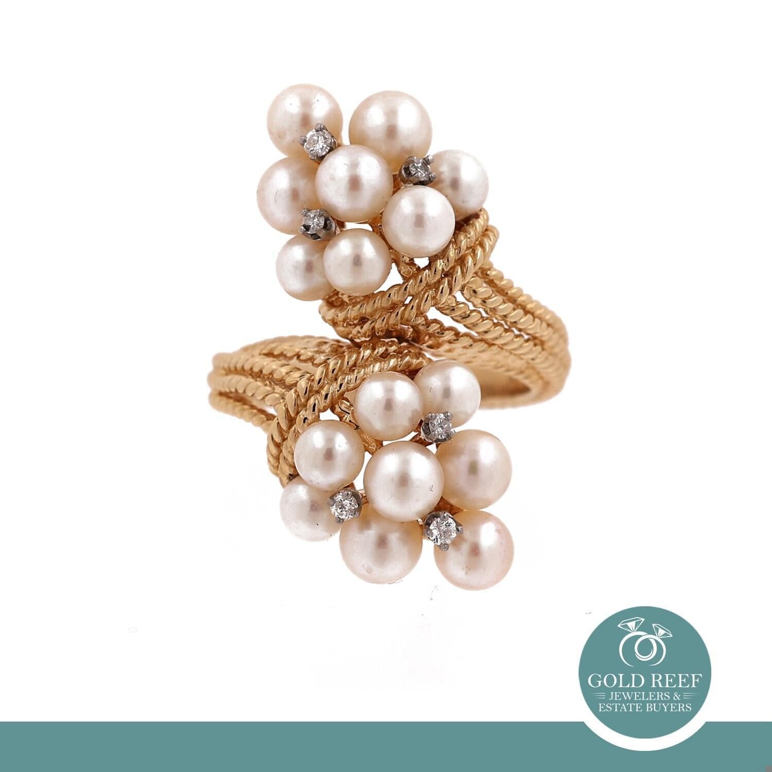 Freshwater Pearl Diamond Bypass Ring Yellow Gold Size 8.5 Ladies Vintage
