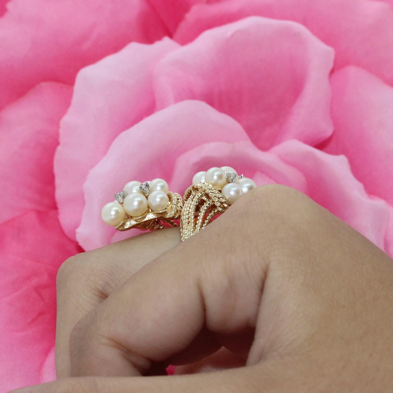 Freshwater Pearl Diamond Bypass Ring Yellow Gold Size 8.5 Ladies Vintage