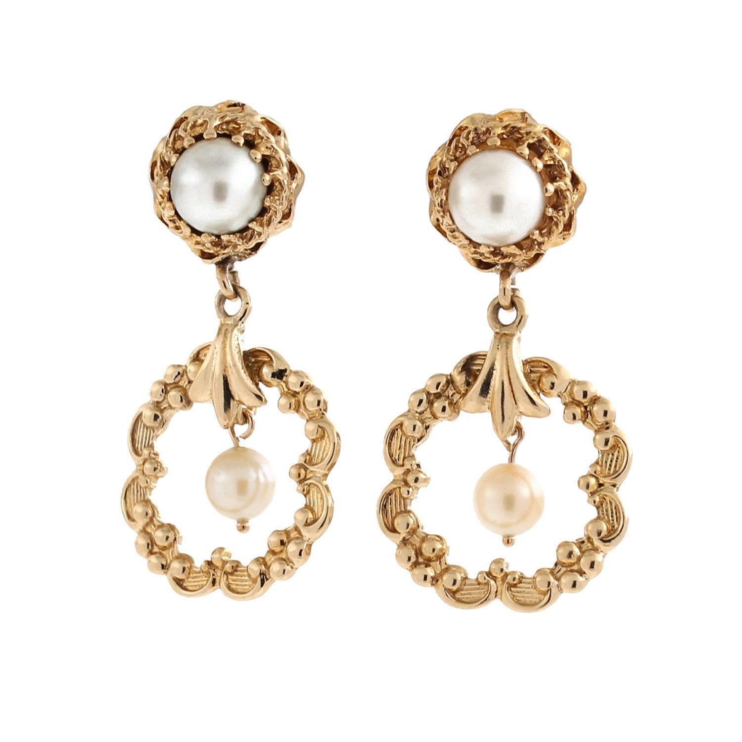 Freshwater Pearl Drop Dangle Floral Earrings 14K Yellow Gold 1.15" Ladies Estate