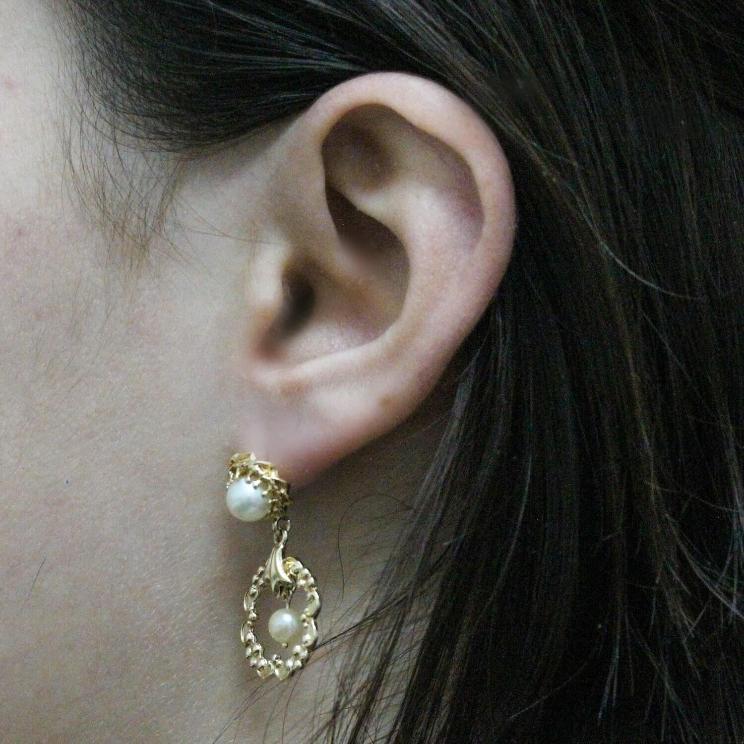 Freshwater Pearl Drop Dangle Floral Earrings 14K Yellow Gold 1.15" Ladies Estate