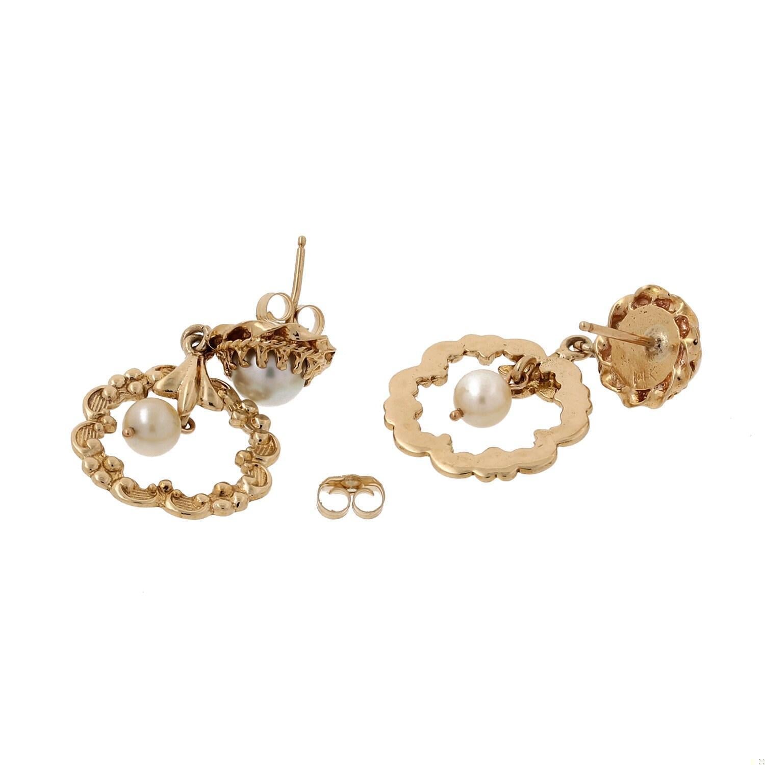 Freshwater Pearl Drop Dangle Floral Earrings 14K Yellow Gold 1.15" Ladies Estate