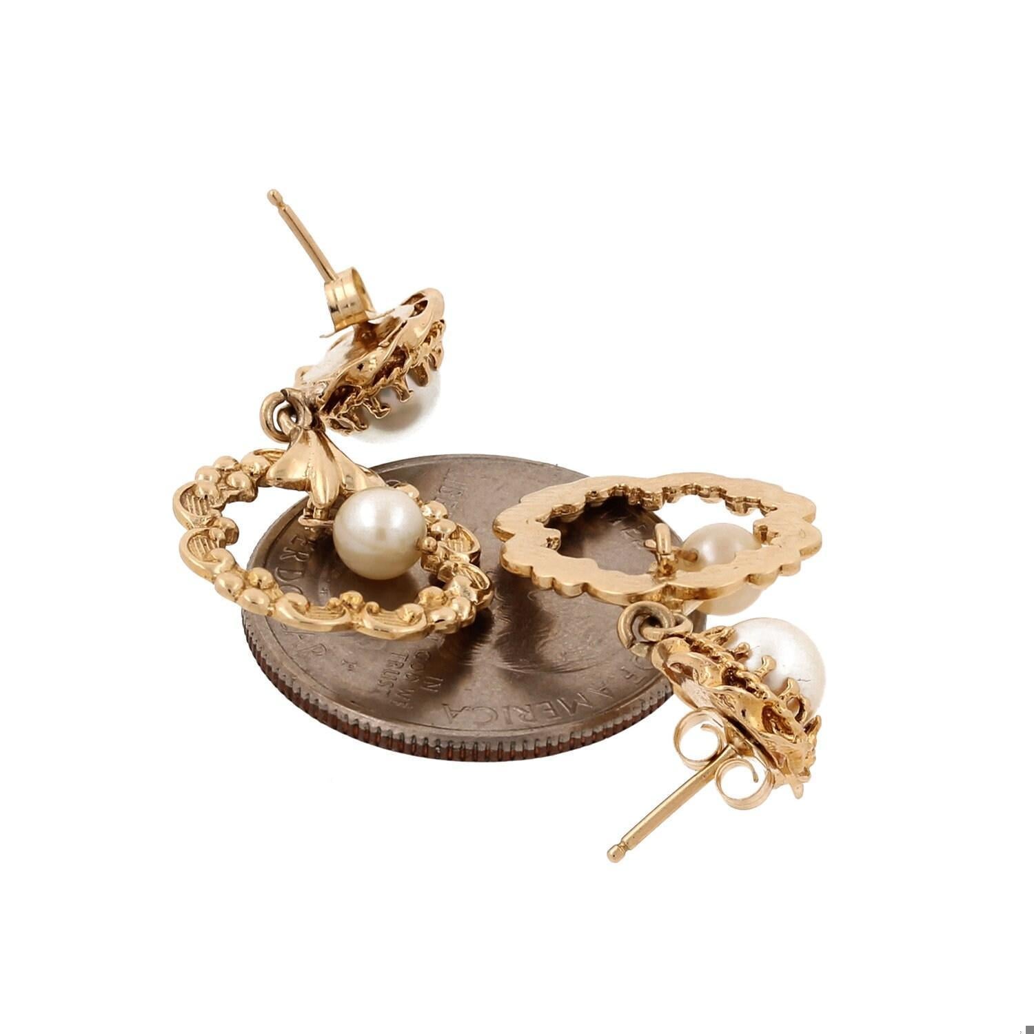 Freshwater Pearl Drop Dangle Floral Earrings 14K Yellow Gold 1.15" Ladies Estate